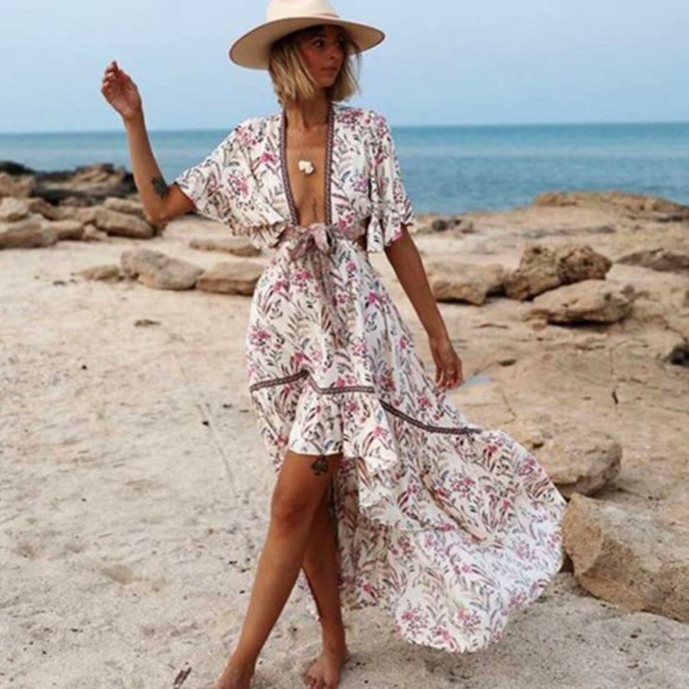New Boho Summer Floral Plunging Party Beach Dress - Picture 5 of 15